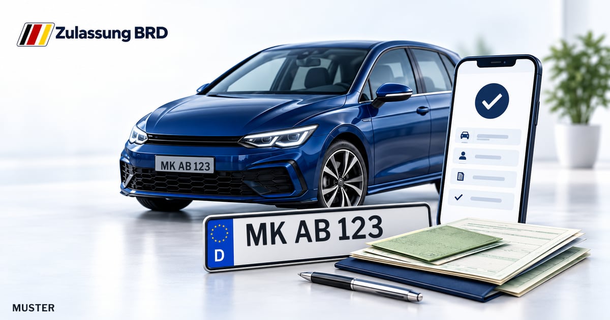 Online Fahrzeugzulassung in Balve: Musterkennzeichen MK AB 123, Auto und Fahrzeugpapiere und Smartphone. Illustration mit Logo von Zulassung BRD.